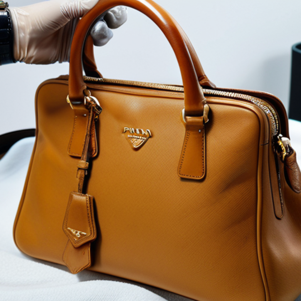 Professional Leather Care**

"A well-lit, close-up studio shot of a Prada leather handbag being gently cleaned with a soft cloth. Focus on the texture of the leather and the delicate cleaning motion. Include specialized leather care products (cleaner, conditioner) subtly in the background. safe for work, appropriate content, fully clothed, professional, perfect anatomy, natural proportions, high quality."

**
