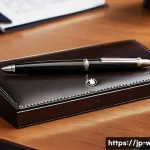명함 지갑 추천  몽블랑 vs 듀퐁 - A sophisticated Montblanc business card holder placed on a polished wooden desk, showcasing its eleg...