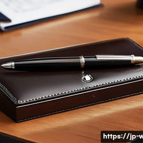 명함 지갑 추천  몽블랑 vs 듀퐁 - A sophisticated Montblanc business card holder placed on a polished wooden desk, showcasing its eleg...