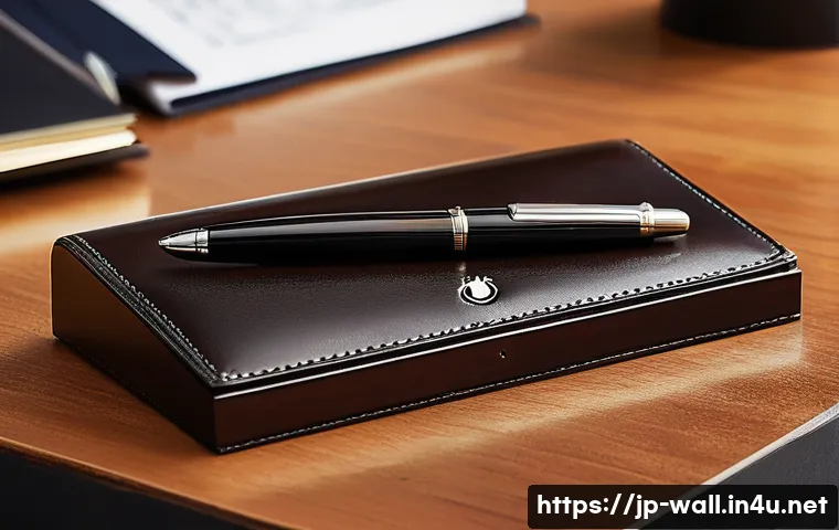 명함 지갑 추천  몽블랑 vs 듀퐁 - A sophisticated Montblanc business card holder placed on a polished wooden desk, showcasing its eleg...