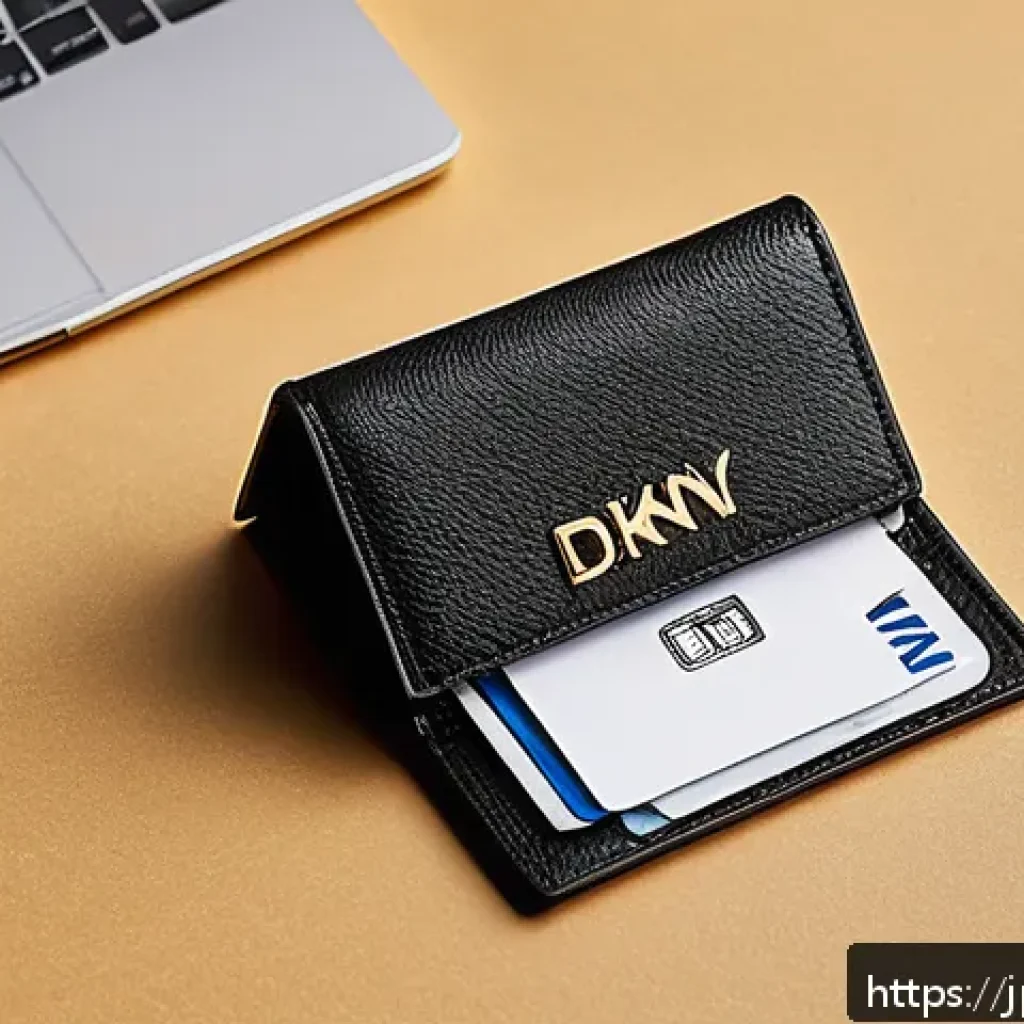 DKNY 모노그램 카드지갑 리뷰 - A sleek, compact DKNY monogram card case displayed on a modern wooden desk, featuring high-quality s...