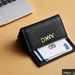 DKNY 모노그램 카드지갑 리뷰 - A sleek, compact DKNY monogram card case displayed on a modern wooden desk, featuring high-quality s...