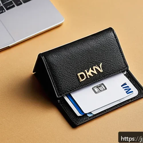 DKNY 모노그램 카드지갑 리뷰 - A sleek, compact DKNY monogram card case displayed on a modern wooden desk, featuring high-quality s...